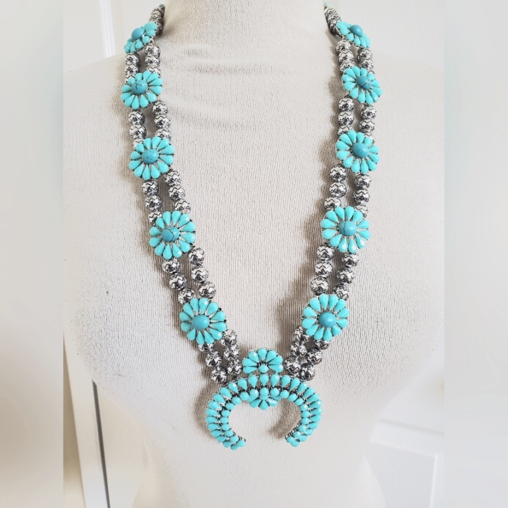 Turquoise and Silver Floral Squash Blossom Necklace Costume Jewelry